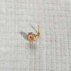 20G 7mm Pink Gem Gold Tone Starry Flower L Shape Nose Ring