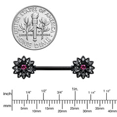 14G 9/16 Clear Gem Black Midnight Flower Barbell Nipple Ring Set