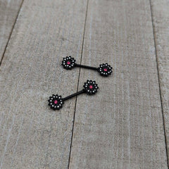 14G 9/16 Clear Gem Black Midnight Flower Barbell Nipple Ring Set