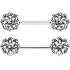 14G 9/16 Clear Gem Epic Fabulous Flower Barbell Nipple Ring Set