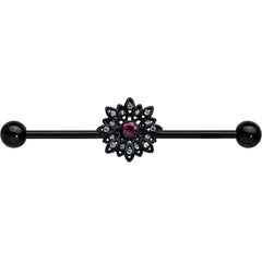 14G Clear Pink Gem Black Midnight Flower Industrial Barbell 38mm