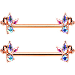 14G 5/8 Aurora CZ Gem Rosy Hue Fleur de Lis Butterfly Barbell Nipple Ring Set