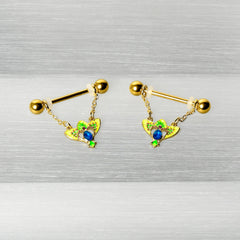 14G 9/16 Blue Gem Gold Hue Tropic Fan Chain Dangle Nipple Ring Set
