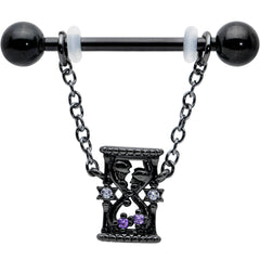 14G 5/8 Purple Gem Black Goth Hourglass Chain Dangle Nipple Ring Set