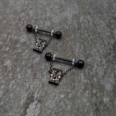 14G 5/8 Purple Gem Black Goth Hourglass Chain Dangle Nipple Ring Set