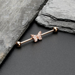 14G Clear Gem Rosy Tone Baroque Butterfly Industrial Barbell 38mm