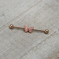 14G Clear Gem Rosy Tone Baroque Butterfly Industrial Barbell 38mm