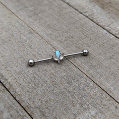 14G White Faux Opal Style Flower Industrial Barbell 38mm