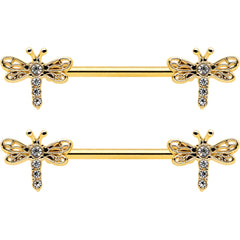 14G 9/16 Clear Gem Gold Tone Flying Dragonfly Nipple Ring Set