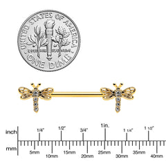 14G 9/16 Clear Gem Gold Tone Flying Dragonfly Nipple Ring Set