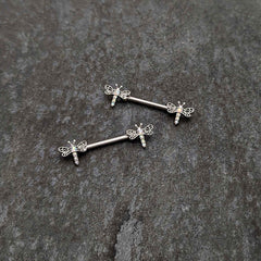 14G 9/16 Aurora Gem Ornate Dragonflies Barbell Nipple Ring Set