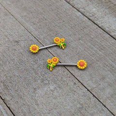 14G 9/16 Happy Yellow Sunflower Trio Barbell Nipple Ring Set