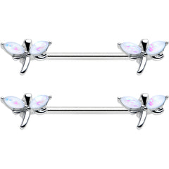 14G 5/8 White Faux Opal Styled Dragonfly Barbell Nipple Ring Set