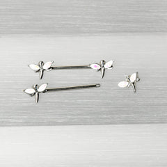 14G 5/8 White Faux Opal Styled Dragonfly Barbell Nipple Ring Set