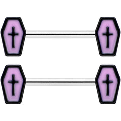 14G 9/16 Creepy Coffin Lt Purple Glow in the Dark Nipple Ring Set