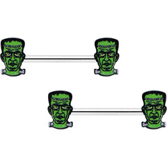 14G 9/16 Frankenstein Head Green Glow in the Dark Nipple Ring Set