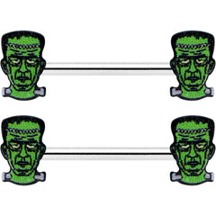 14G 9/16 Frankenstein Head Green Glow in the Dark Nipple Ring Set