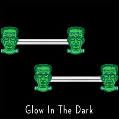14G 9/16 Frankenstein Head Green Glow in the Dark Nipple Ring Set