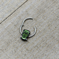 16G 3/8 Frankenstein Head Green Glow in Dark Hinged Segment Ring