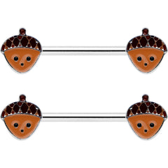 14G 9/16 Autumn Acorn Face Brown Fall Barbell Nipple Ring Set
