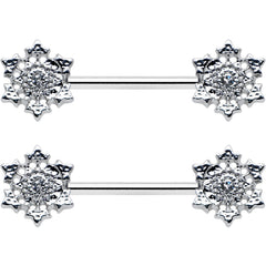 14G 9/16 Clear Gem Filigree Winter Snowflake Nipple Ring Set