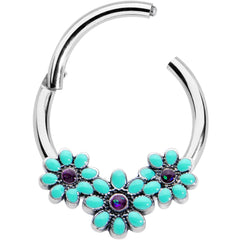 16G 3/8 Blue Gem Flower Trio Teal Petals Hinged Segment Ring