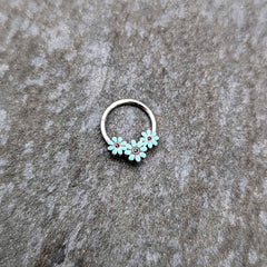16G 3/8 Blue Gem Flower Trio Teal Petals Hinged Segment Ring