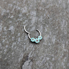 16G 3/8 Blue Gem Flower Trio Teal Petals Hinged Segment Ring