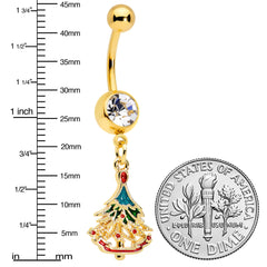 Clear Red Gem Gold Tone Decorated Holiday Tree Dangle Belly Ring