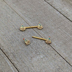 14G 9/16 Red Gem Gold Hue Deco Holiday Tree Barbell Nipple Ring Set