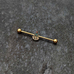 14G Red Gem Gold Tone Deco Holiday Tree Industrial Barbell 38mm