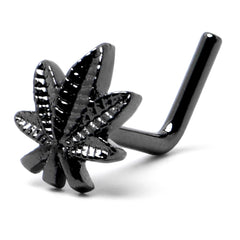 20G 1/4 Black Texture Pot Leaf L Shape Nose Ring