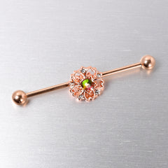 14G Dark Aurora Gem Rose Gold Tone Flower Industrial Barbell 38mm