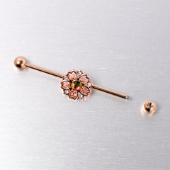14G Dark Aurora Gem Rose Gold Tone Flower Industrial Barbell 38mm