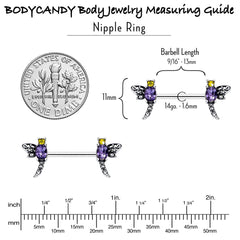14G 9/16 Purple Yellow Gem Dragonfly Barbell Nipple Ring Set