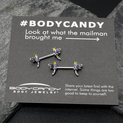 14G 9/16 Purple Yellow Gem Dragonfly Barbell Nipple Ring Set