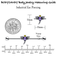 14G Purple Yellow Gem Dragonfly Industrial Barbell 38mm