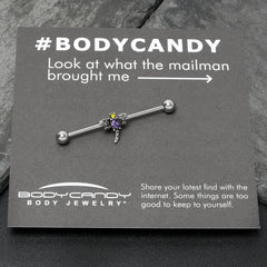 14G Purple Yellow Gem Dragonfly Industrial Barbell 38mm