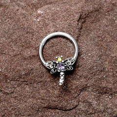 16G 3/8 Purple Yellow Gem Dragonfly Hinged Segment Ring