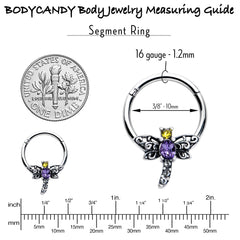 16G 3/8 Purple Yellow Gem Dragonfly Hinged Segment Ring