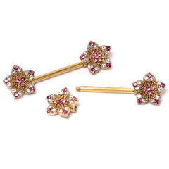 14G 9/16 Pink Gem Gold Tone Texture Star Barbell Nipple Ring Set