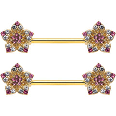 14G 9/16 Pink Gem Gold Tone Texture Star Barbell Nipple Ring Set