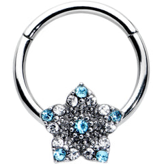 16G 3/8 Blue Clear Gem Opulent Flower Hinged Segment Ring