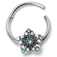 16G 3/8 Blue Clear Gem Opulent Flower Hinged Segment Ring