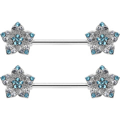 14G 9/16 Blue Clear Gem Opulent Flowers Barbell Nipple Ring Set