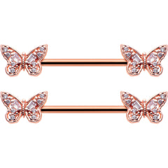 14G 9/16 Clear Gem Rosy Tone Baroque Butterfly Nipple Ring Set