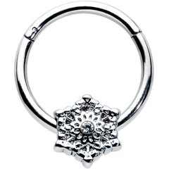 16G 3/8 Clear Gem Filigree Winter Snowflake Hinged Segment Ring