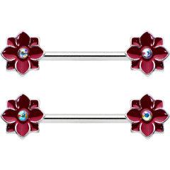 14G 9/16 Aurora Gem Poinsettia Flower Barbell Nipple Ring Set