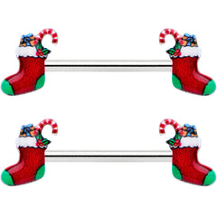14G 9/16 Cheery Christmas Stocking Red Barbell Nipple Ring Set