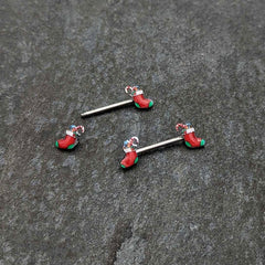 14G 9/16 Cheery Christmas Stocking Red Barbell Nipple Ring Set